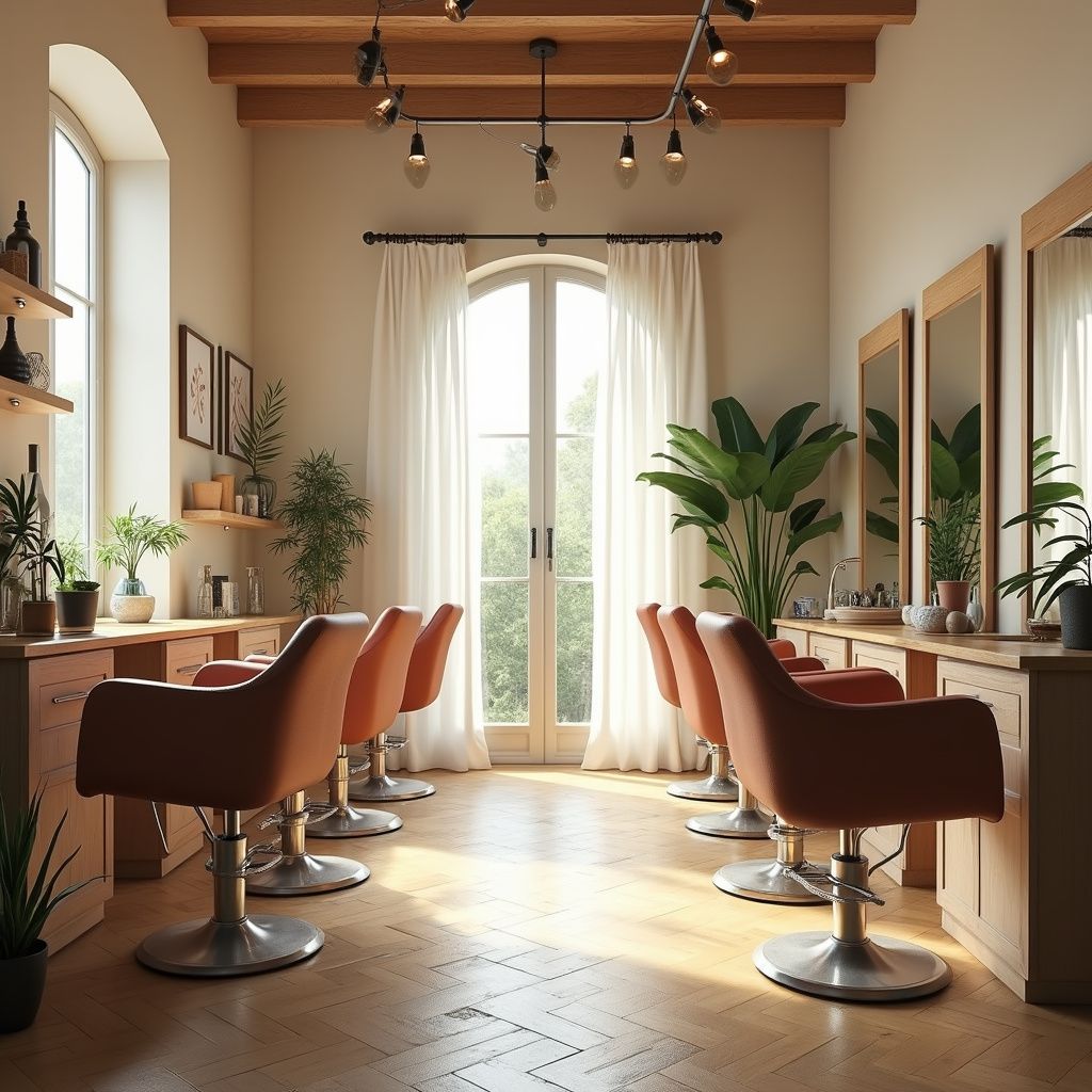 Hair salon interior with tan chairs, mirrors, and natural light.