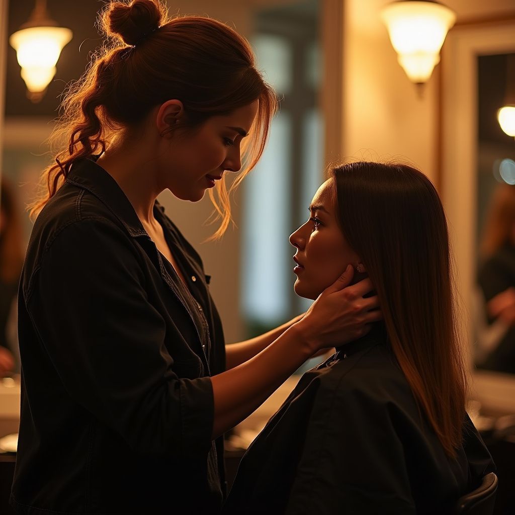 Hairdresser with updo examines client's face in salon with warm lighting.