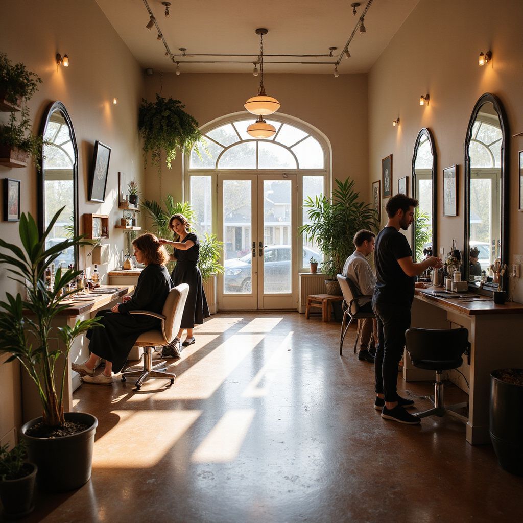 Hair salon interior with clients and stylists. Sunlight streams through a large arched doorway, illuminating the space.