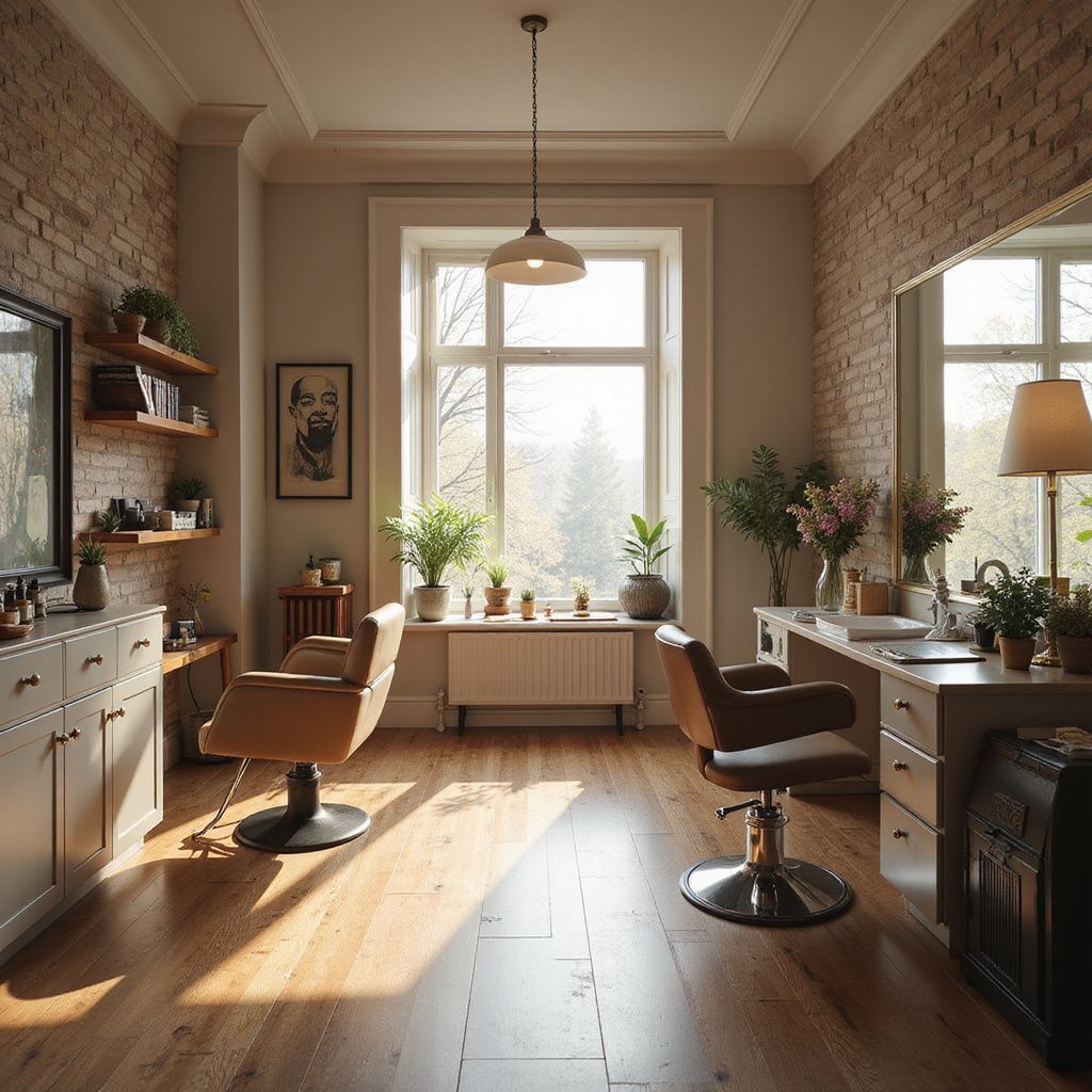 A salon interior with chairs, mirrors, and plants; brick walls, wooden floor and bright sunlight.