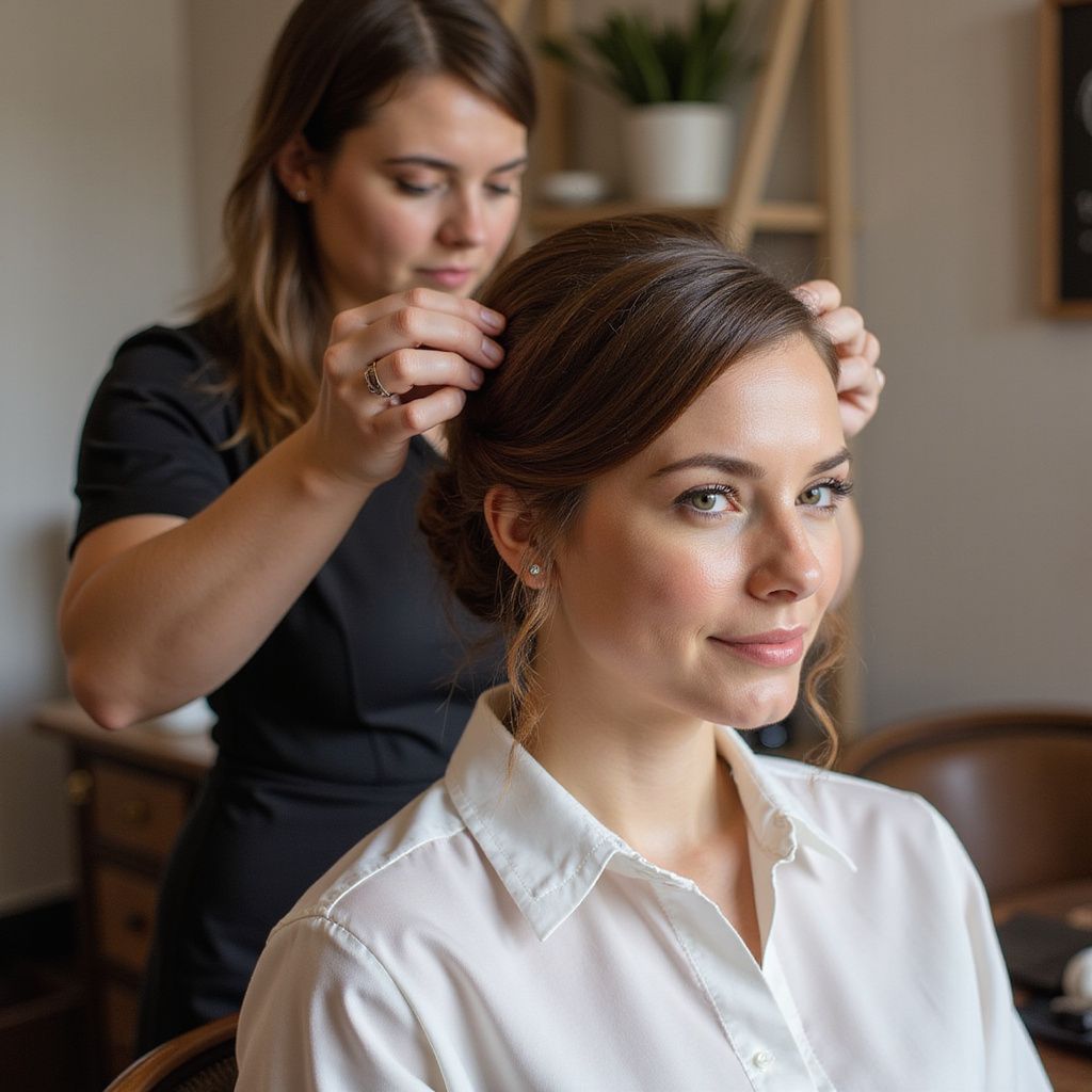 A woman has her hair styled for an event by a stylist in a salon.