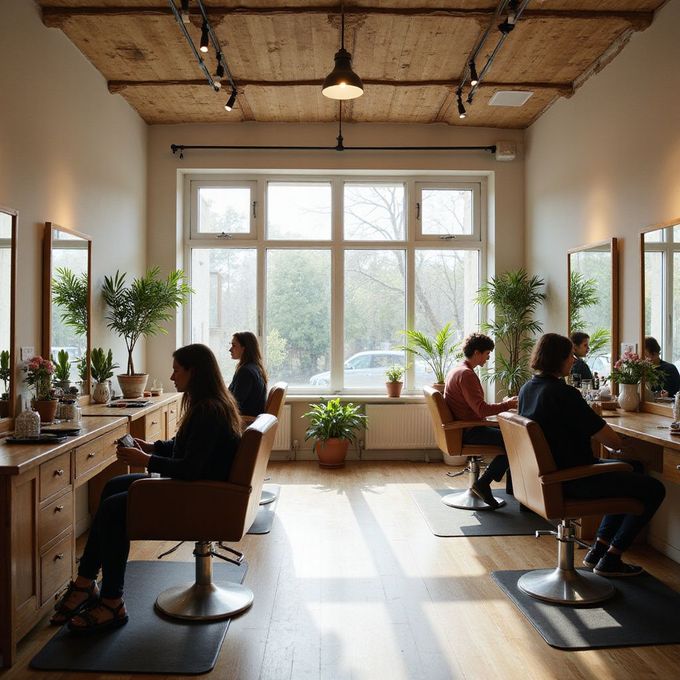 Hair salon with clients at stations. Large window, plants, wood ceiling, and simple decor.
