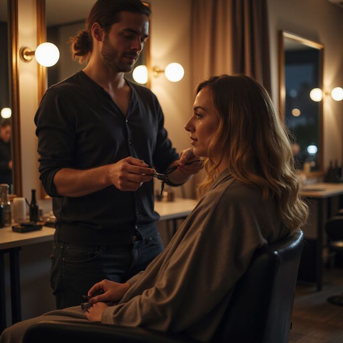 A woman in a robe at a salon has hair styled by a stylist. Warm-toned, with round wall lights.