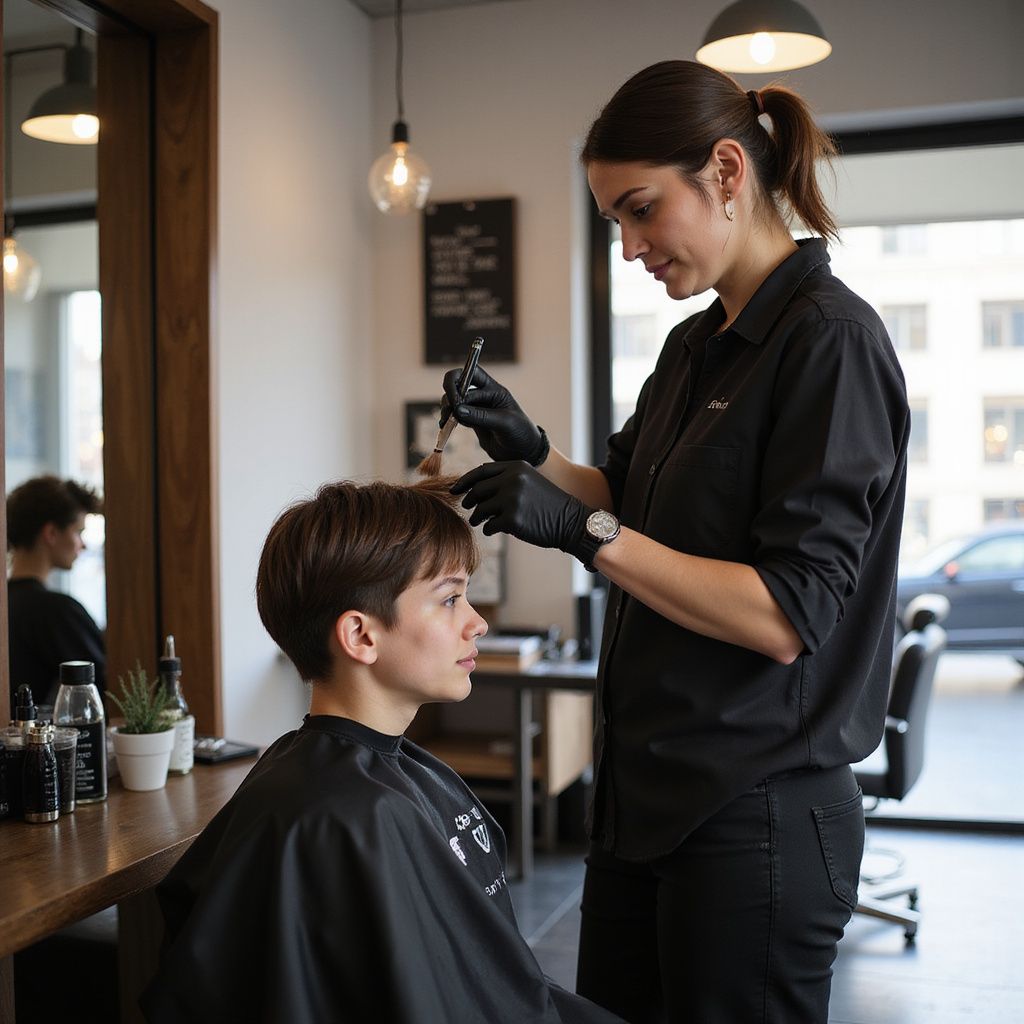 Hairdresser applying dye to client's short brown hair in a salon. Both are wearing black.