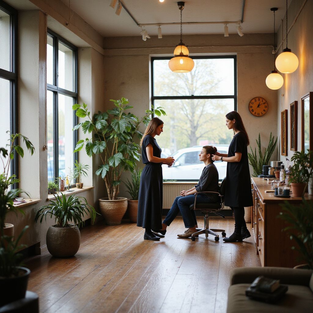 Two stylists styling a client's hair in a well-lit salon with plants and windows.