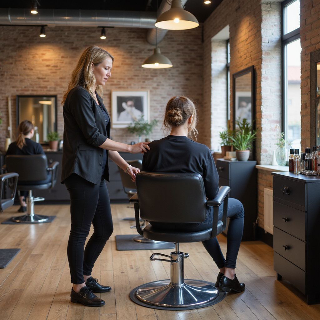Hair stylist consults with a client in a salon. Both are dressed in black, hair salon interior with brick wall.