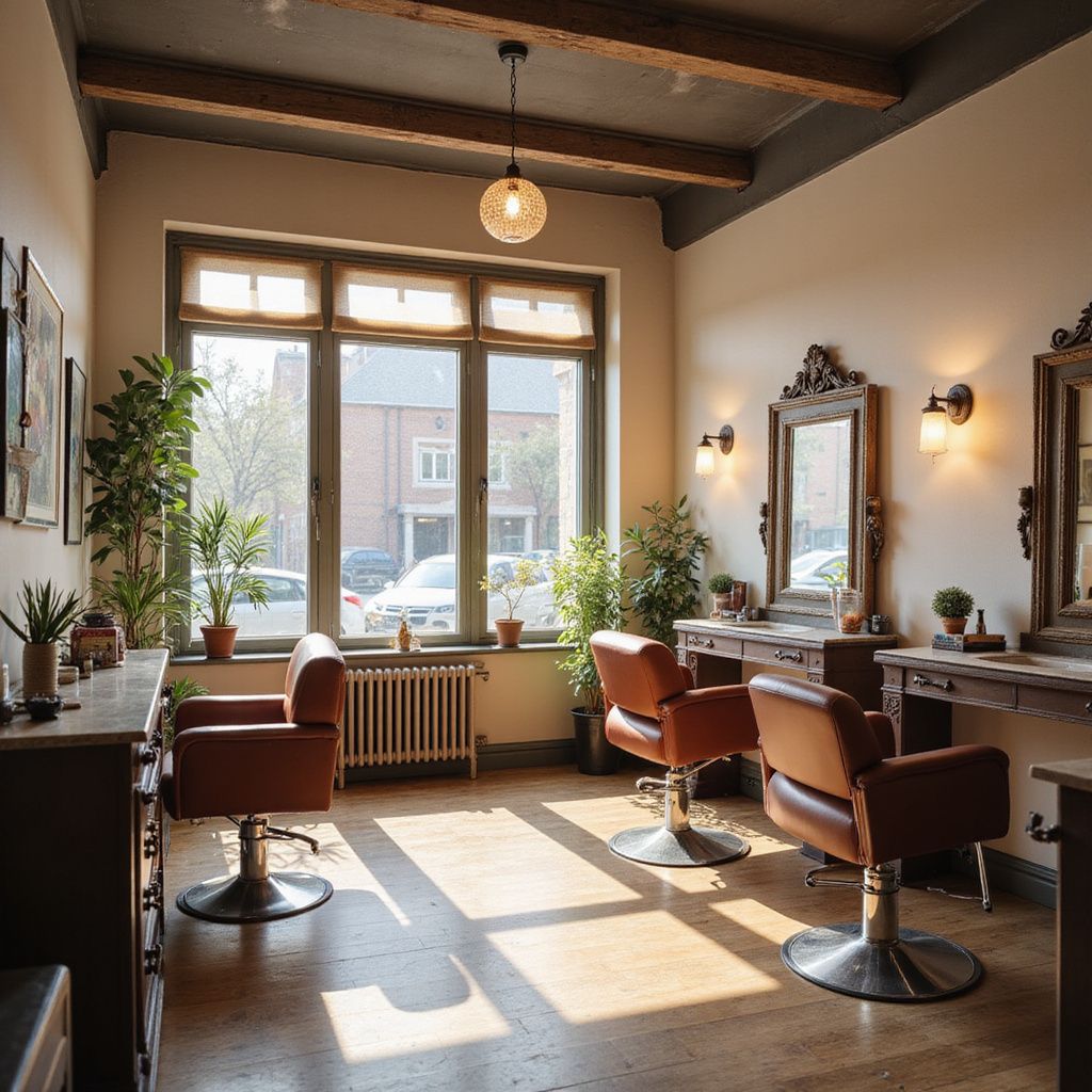 Hair salon interior: chairs, mirrors, window with sunlight, plants, and styling stations.