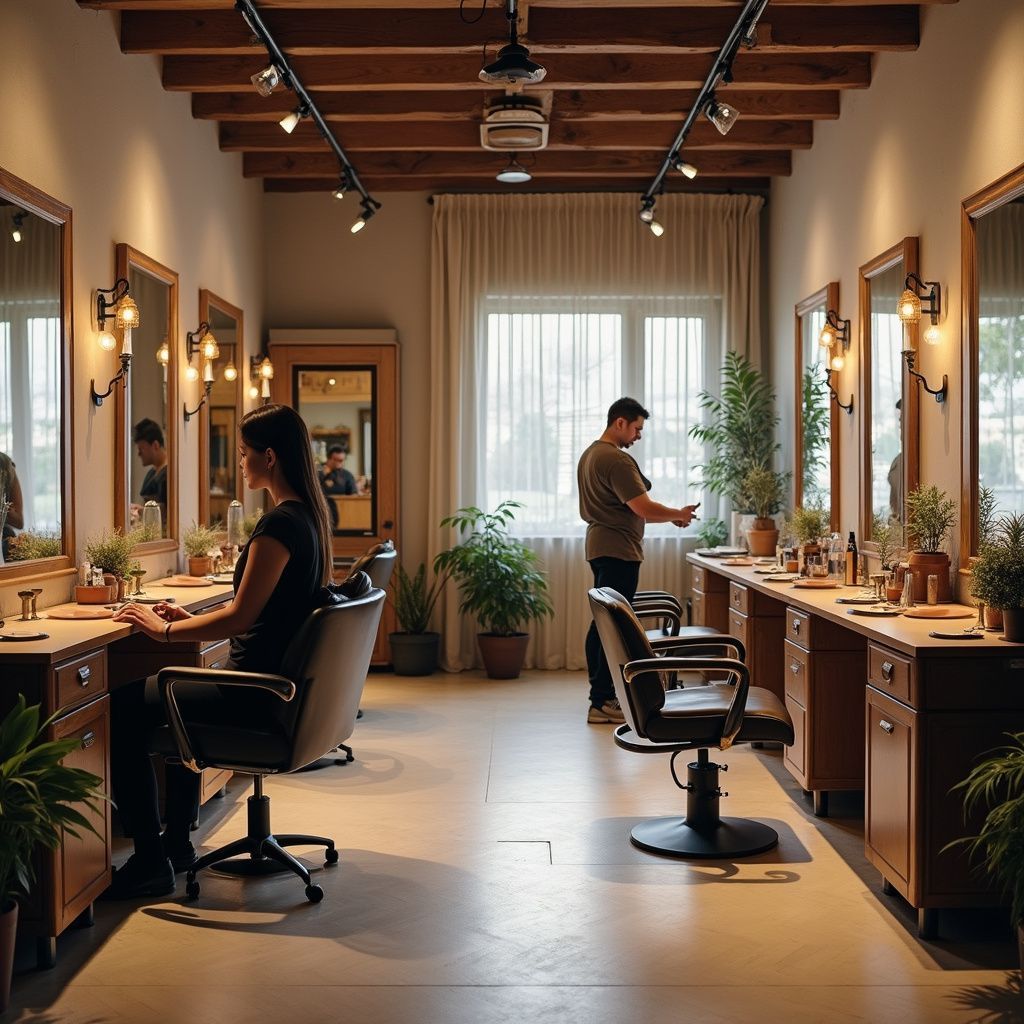 Hair salon interior: Customers and staff in a well-lit room with mirrors, chairs, and plants.