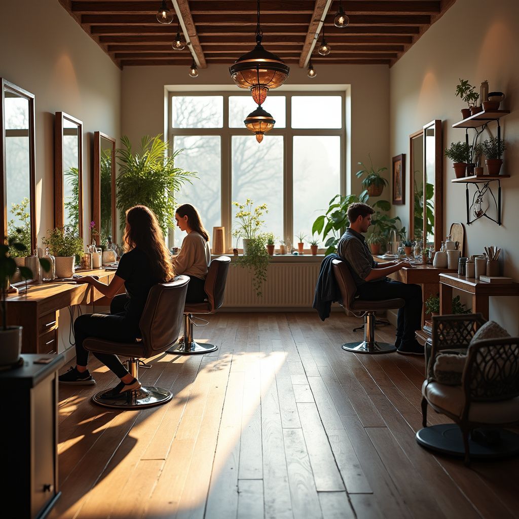 Hair salon with clients and stylists; sunlight streams through the window.