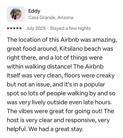 Five-star Airbnb review by Eddy from July 2025 praising the clean, well-located unit, lively area, and helpful host.