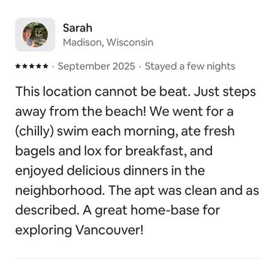 Five-star review from Sarah in Madison, WI, dated September 2025, praising a clean Vancouver apartment near the beach.