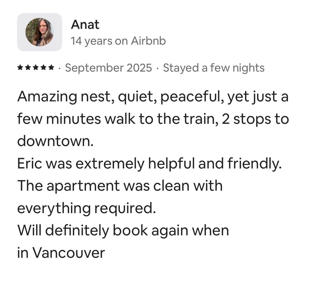 A five-star Airbnb review from a user named Anat, praising the quiet apartment, location, and host, Eric.