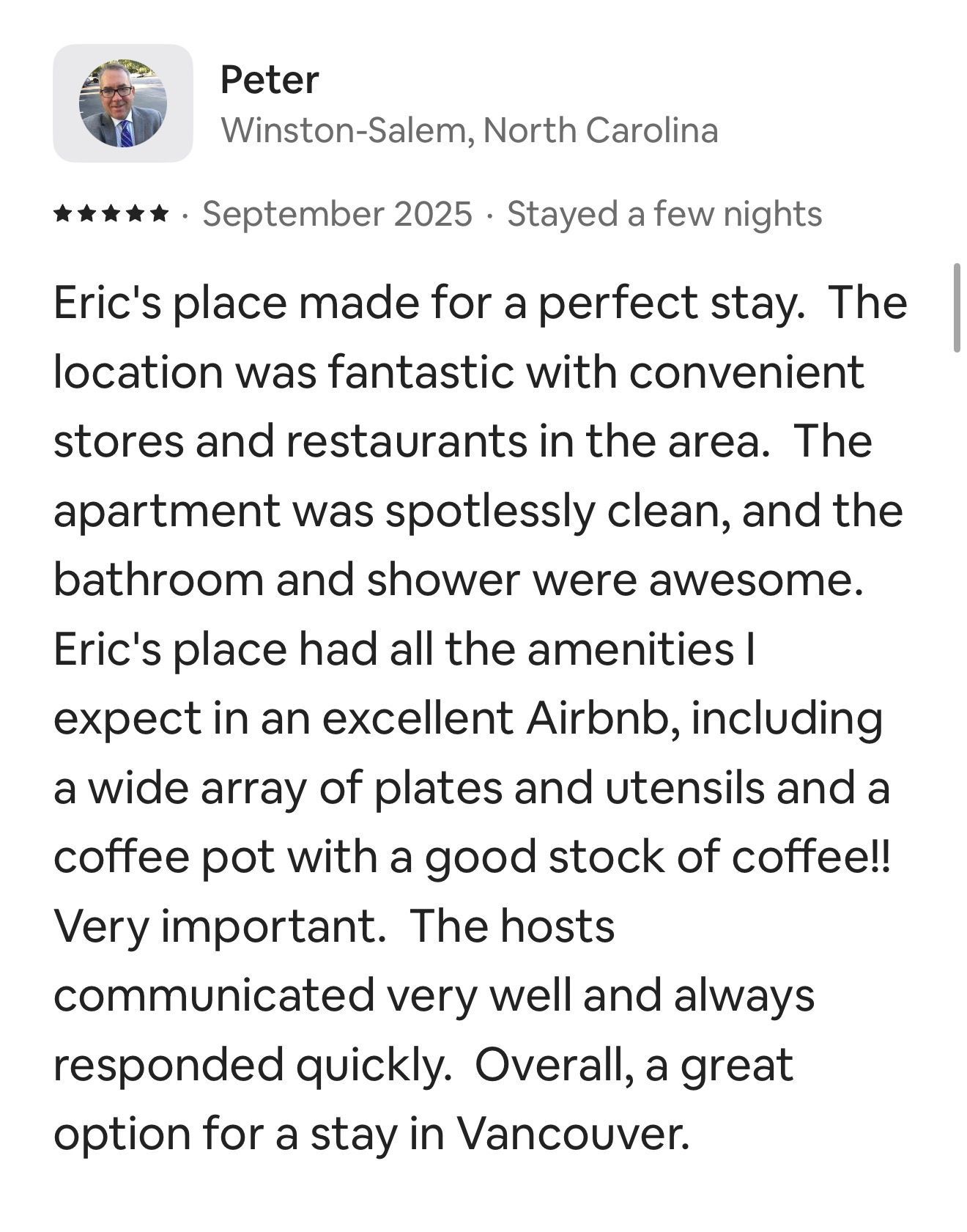 A 5-star Airbnb review by Peter in September 2025 praising Eric's clean, well-stocked apartment in Vancouver.