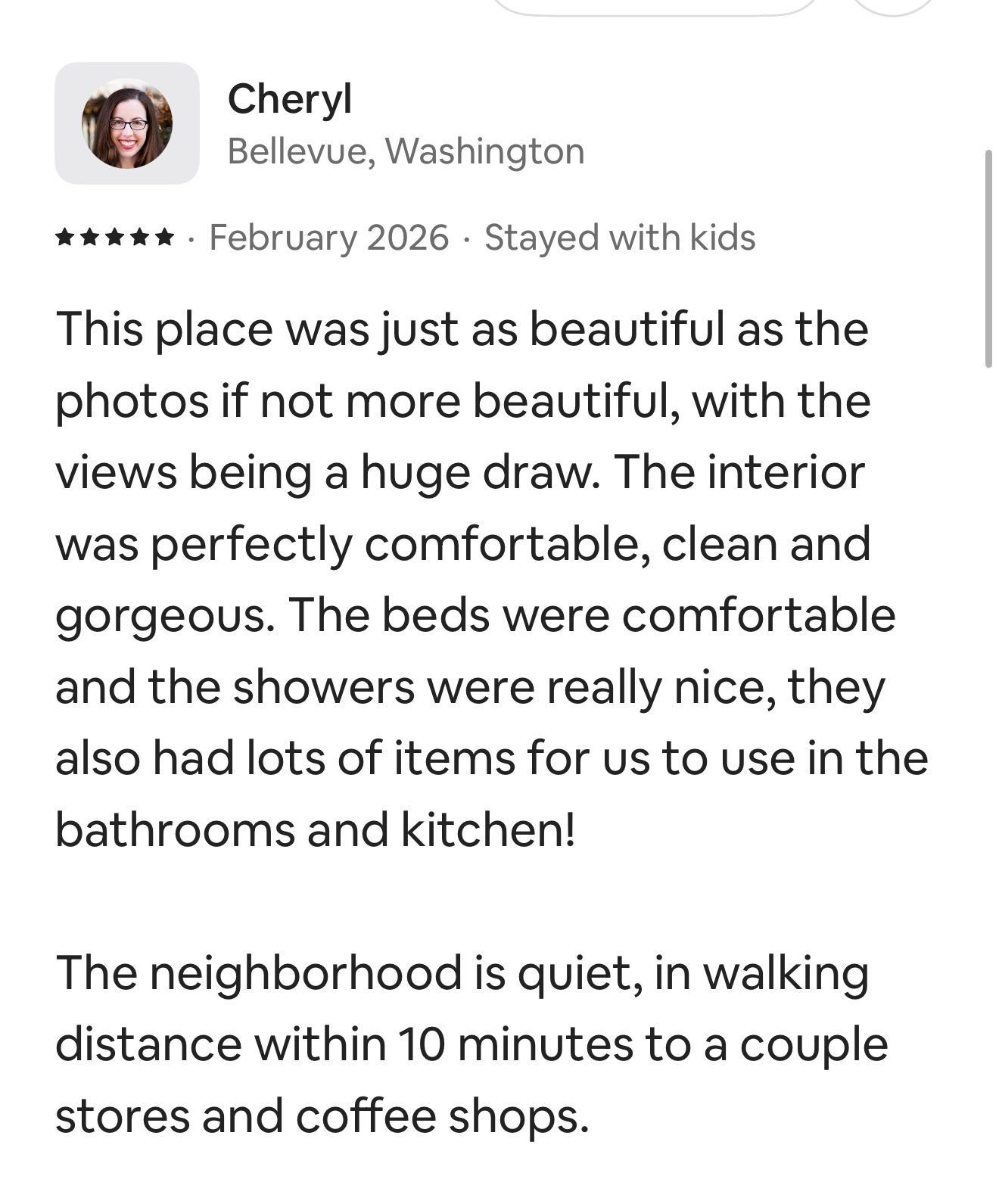 A glowing five-star review from Cheryl about a beautiful, comfortable rental property with a convenient location.