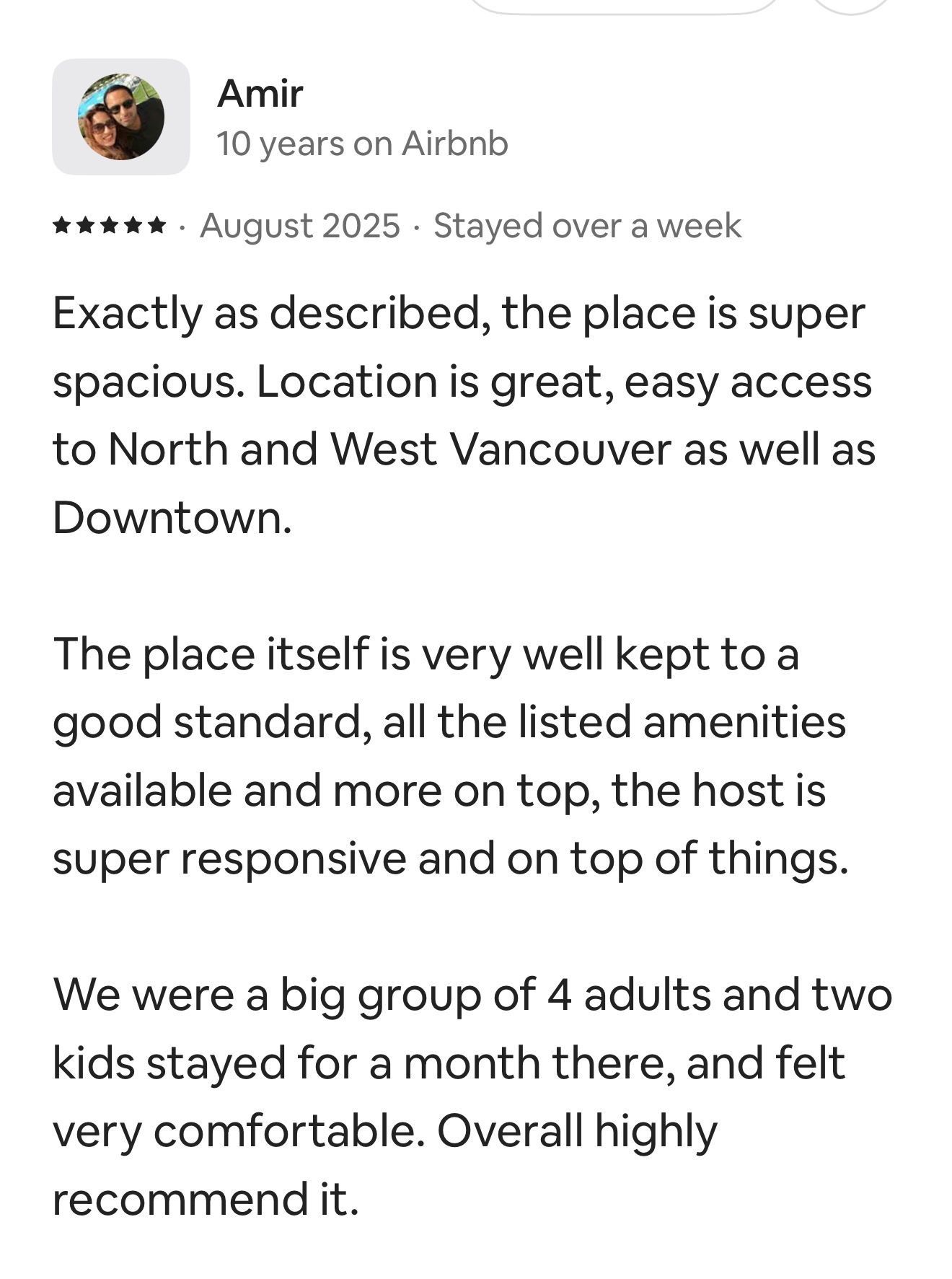 A five-star Airbnb review by Amir from August 2025 praising a spacious, well-kept rental with great location and service.