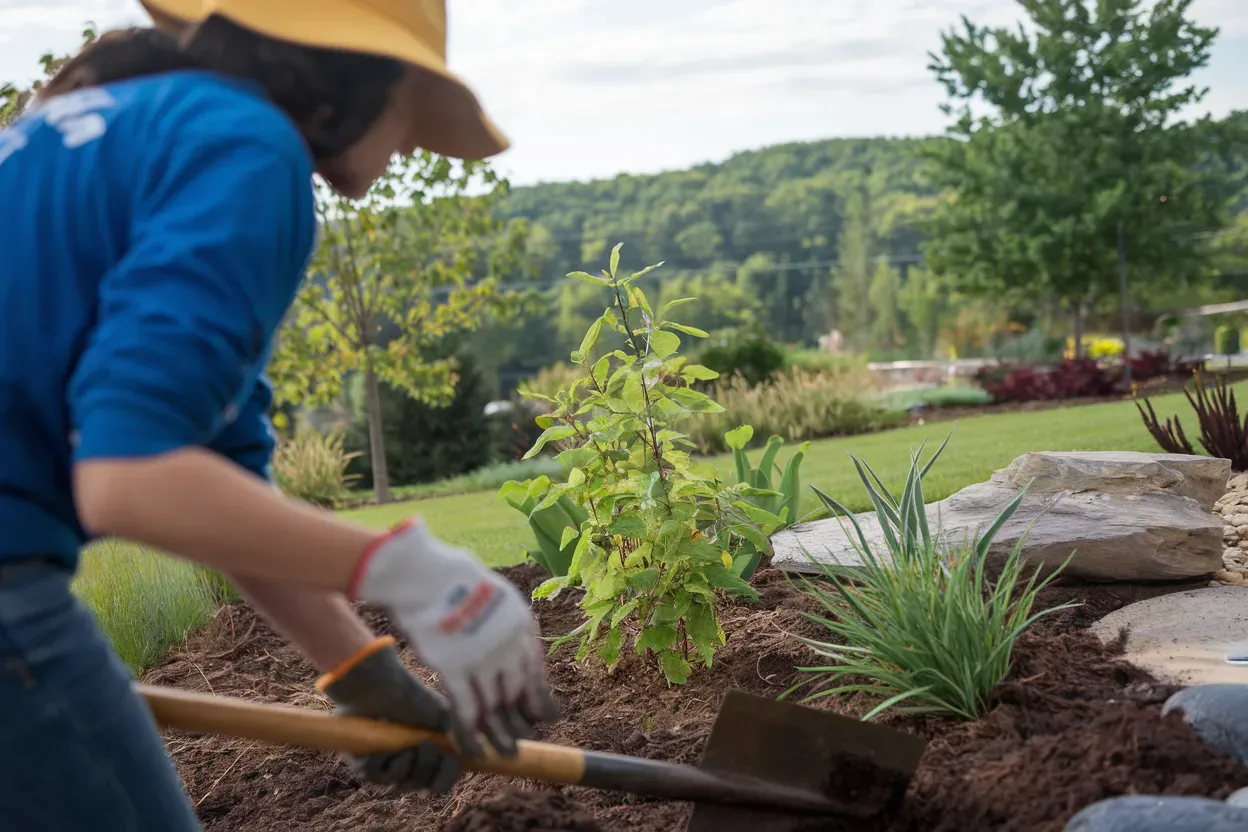 A woman is digging in a garden with a shovel.
