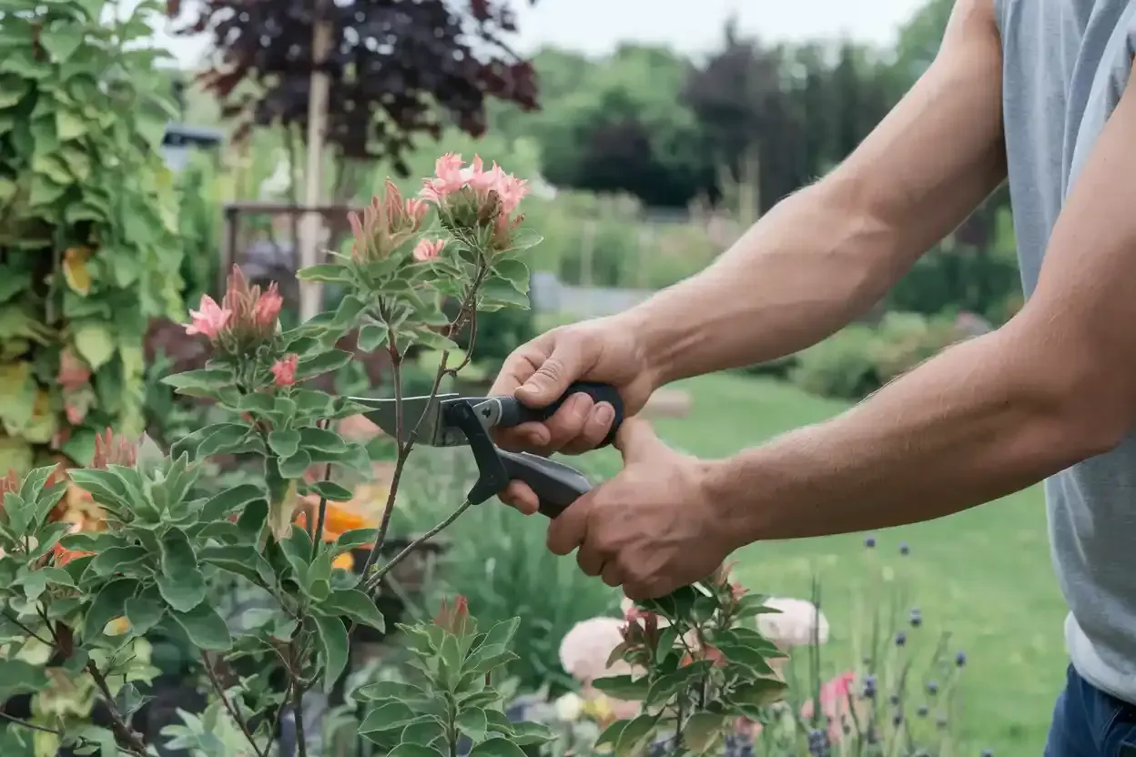 A man is cutting flowers with scissors in a garden.