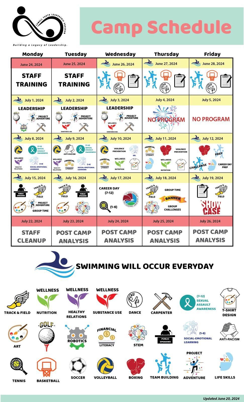 A camp schedule with a lot of icons on it