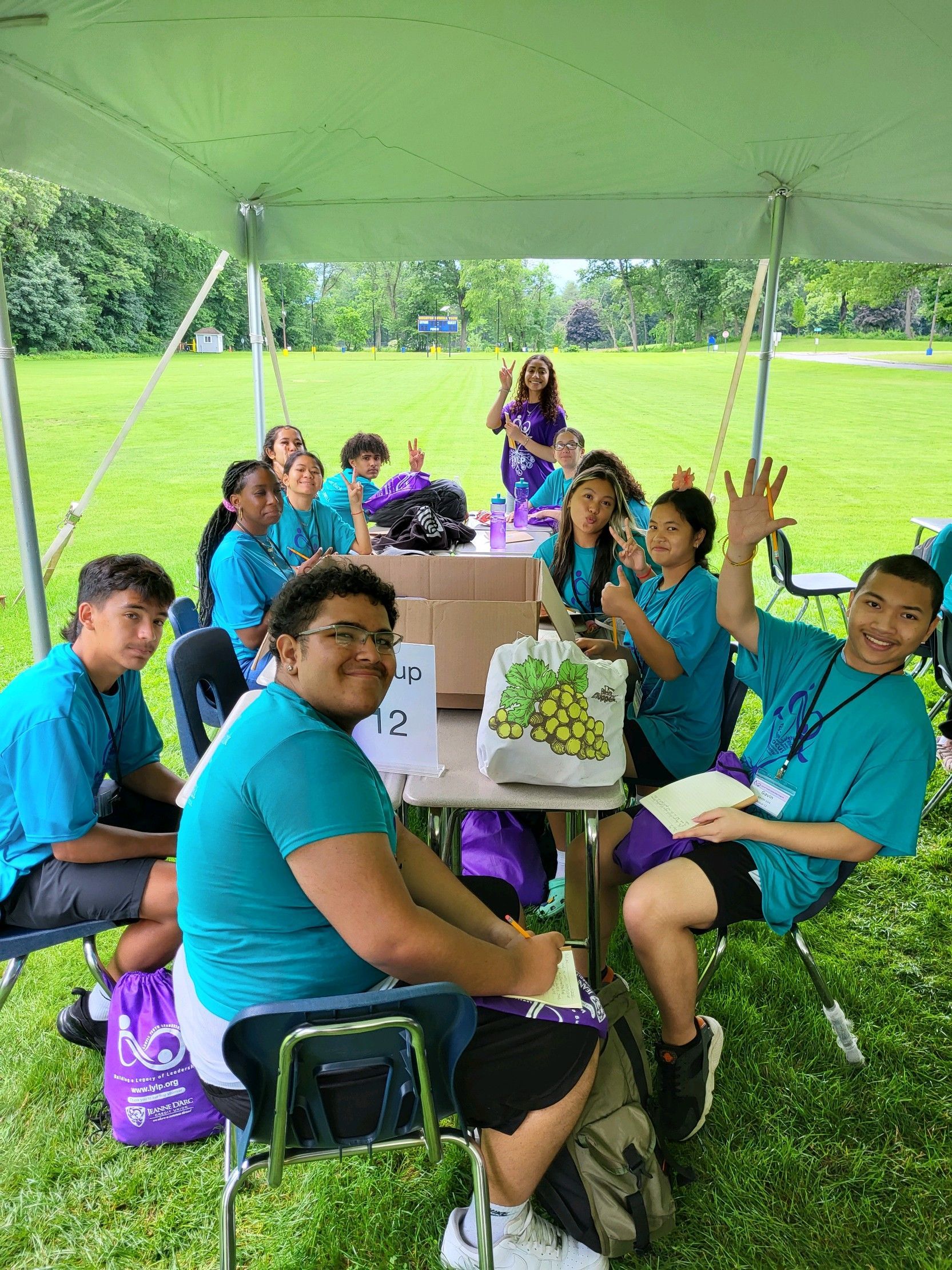 A group of people are sitting at a table under a tent in a field.