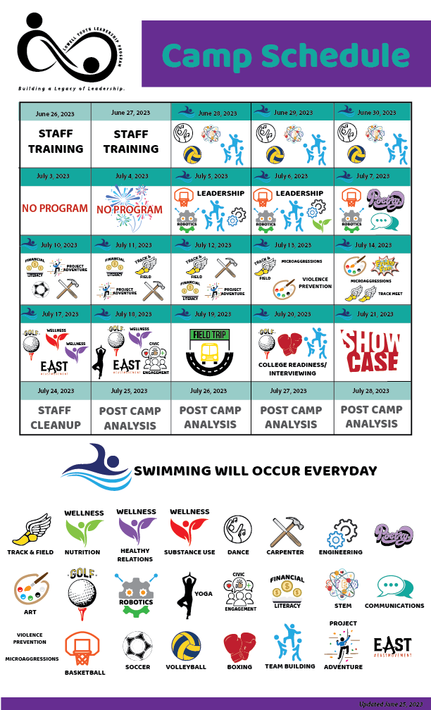 A camp schedule for swimming will occur everyday.