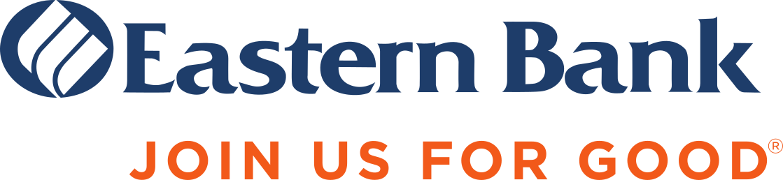 The logo for eastern bank is blue and orange and says join us for good.
