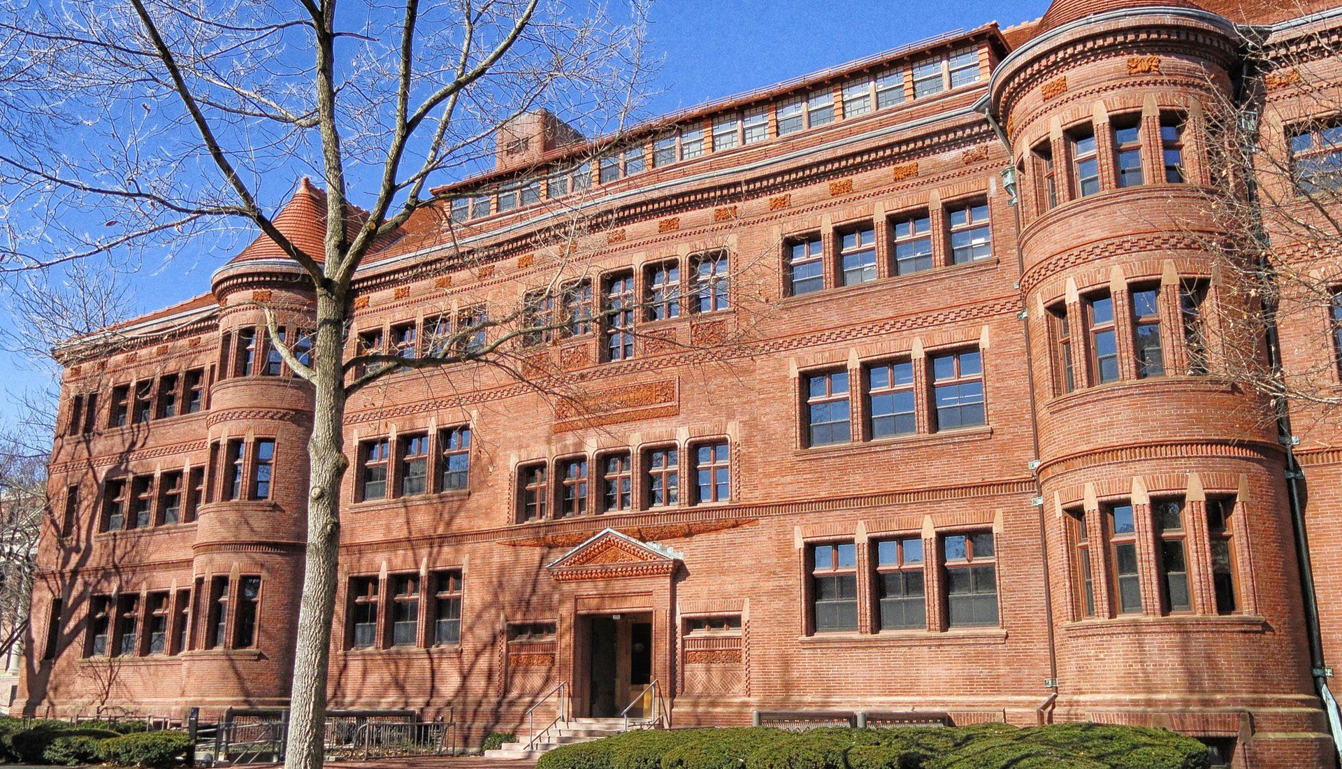 A large brick building with a tree in front of it