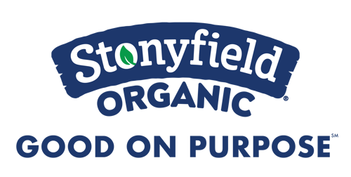 The logo for stonyfield organic is blue and white and says `` good on purpose ''.
