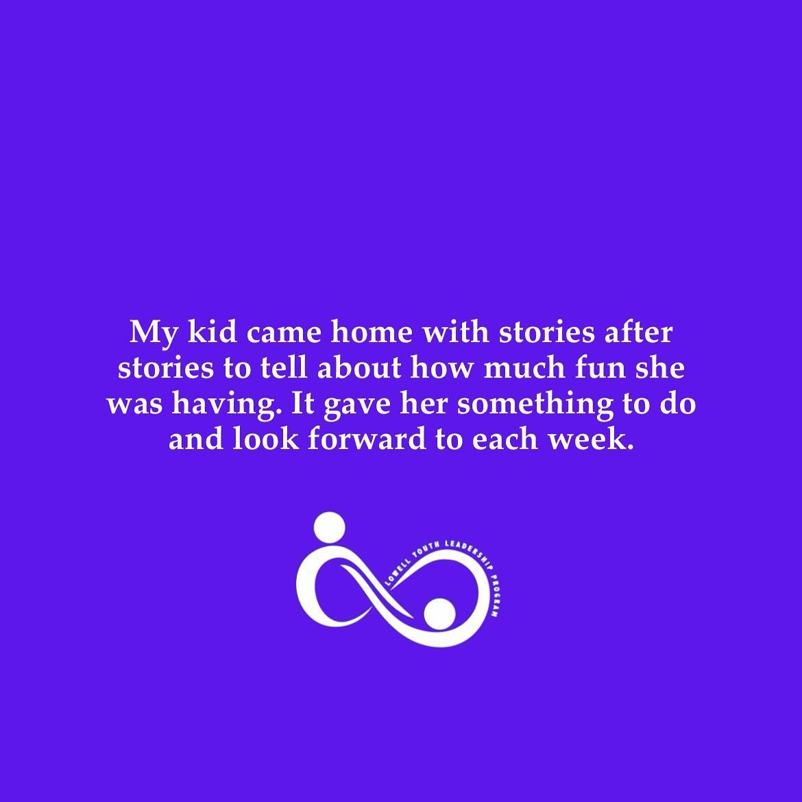 A purple background with the words my kid came home with stories after stories to tell about how much fun she was having