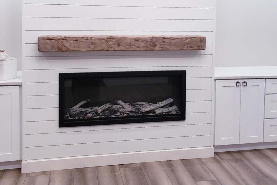 Farmhouse and rustic wood reclaimed fireplace mantel