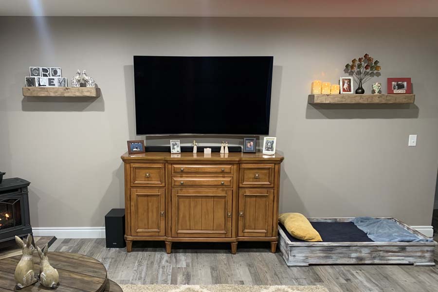 Rustic wood floating shelves in living room