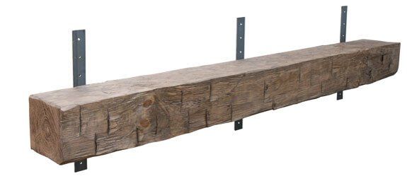 Solid wood hand hewn fireplace mantel with metal straps for installation