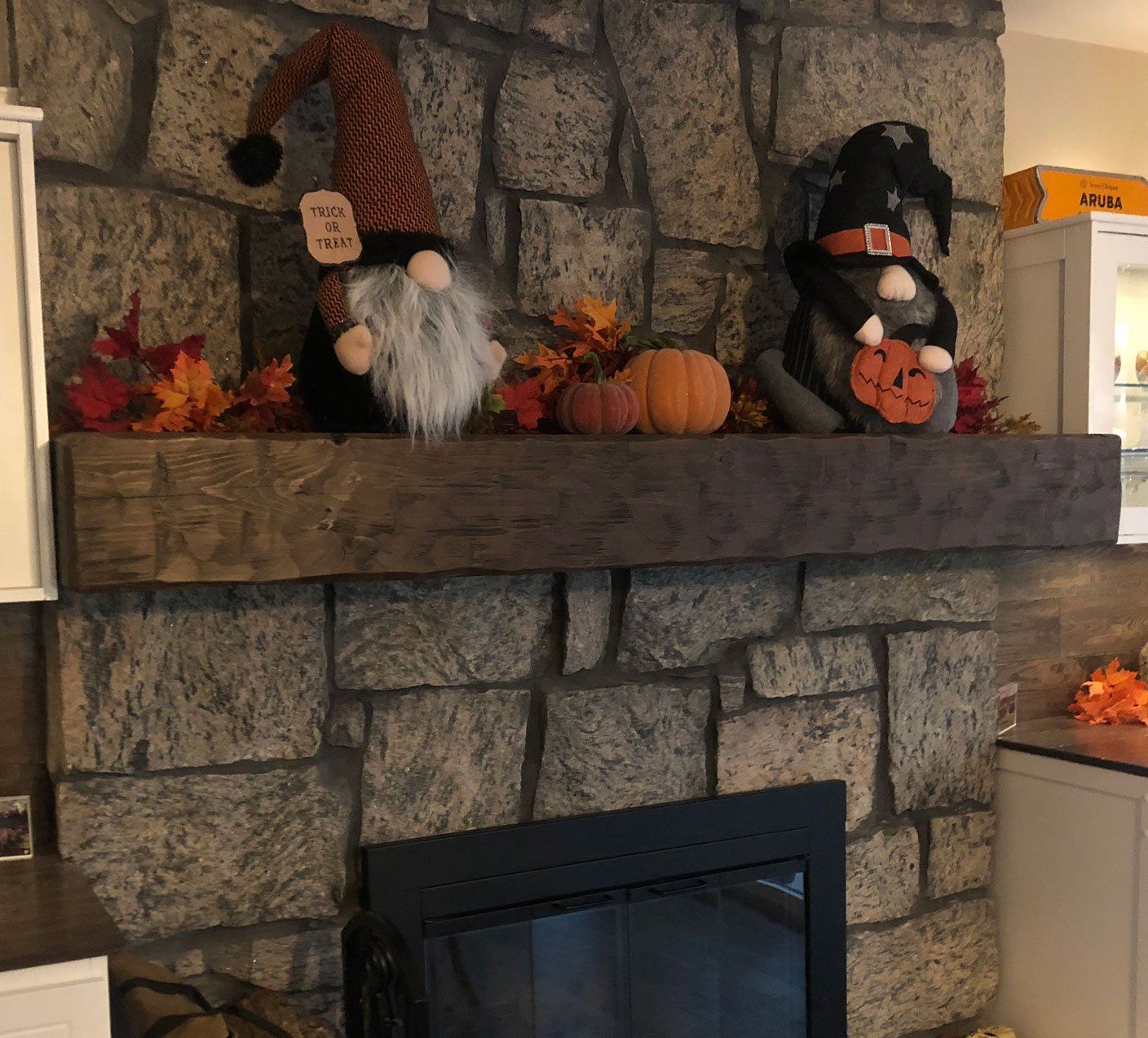 Timber wood mantel decorated for autumn