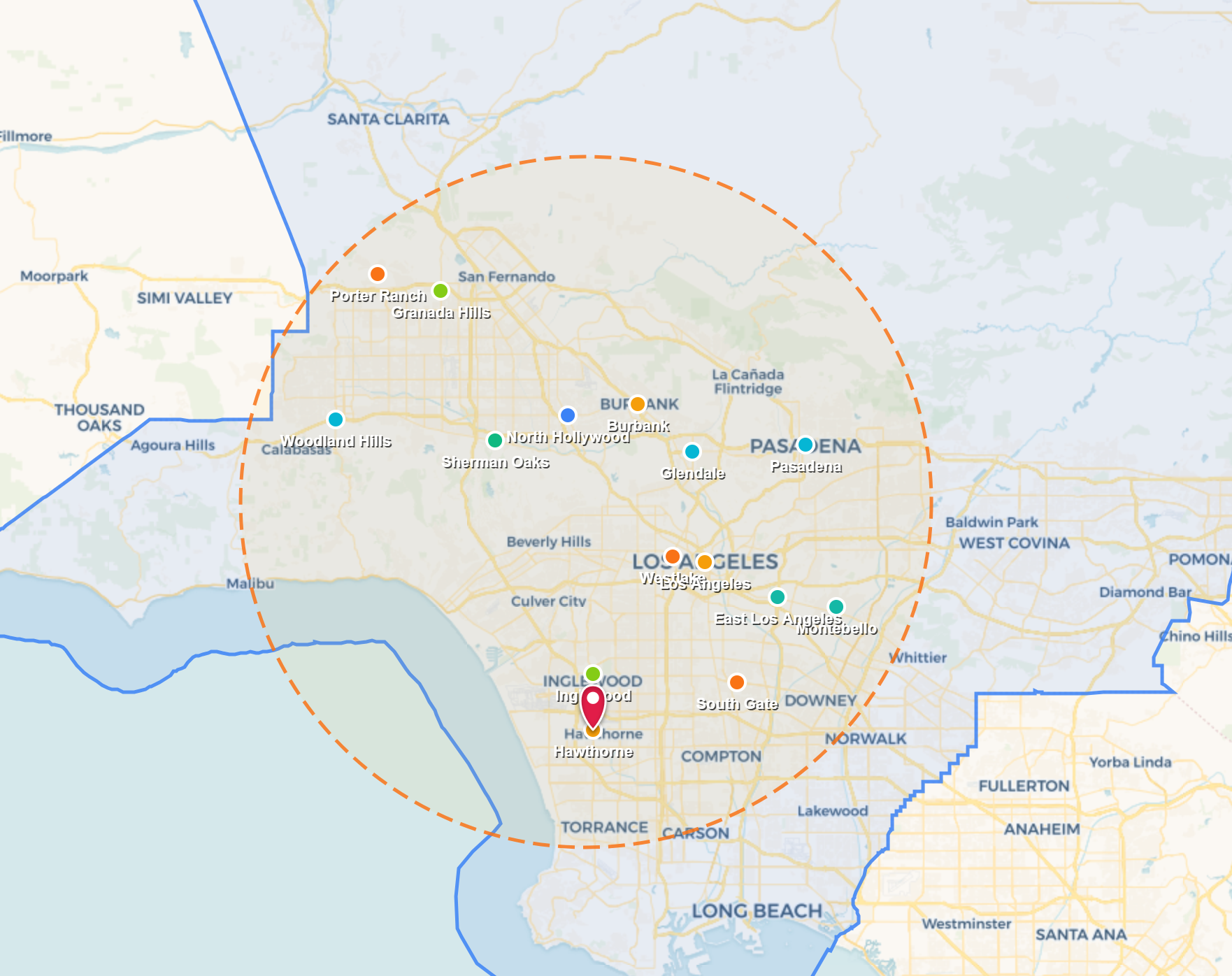 Map with colored boundary lines and a dashed orange circle marking a central location.