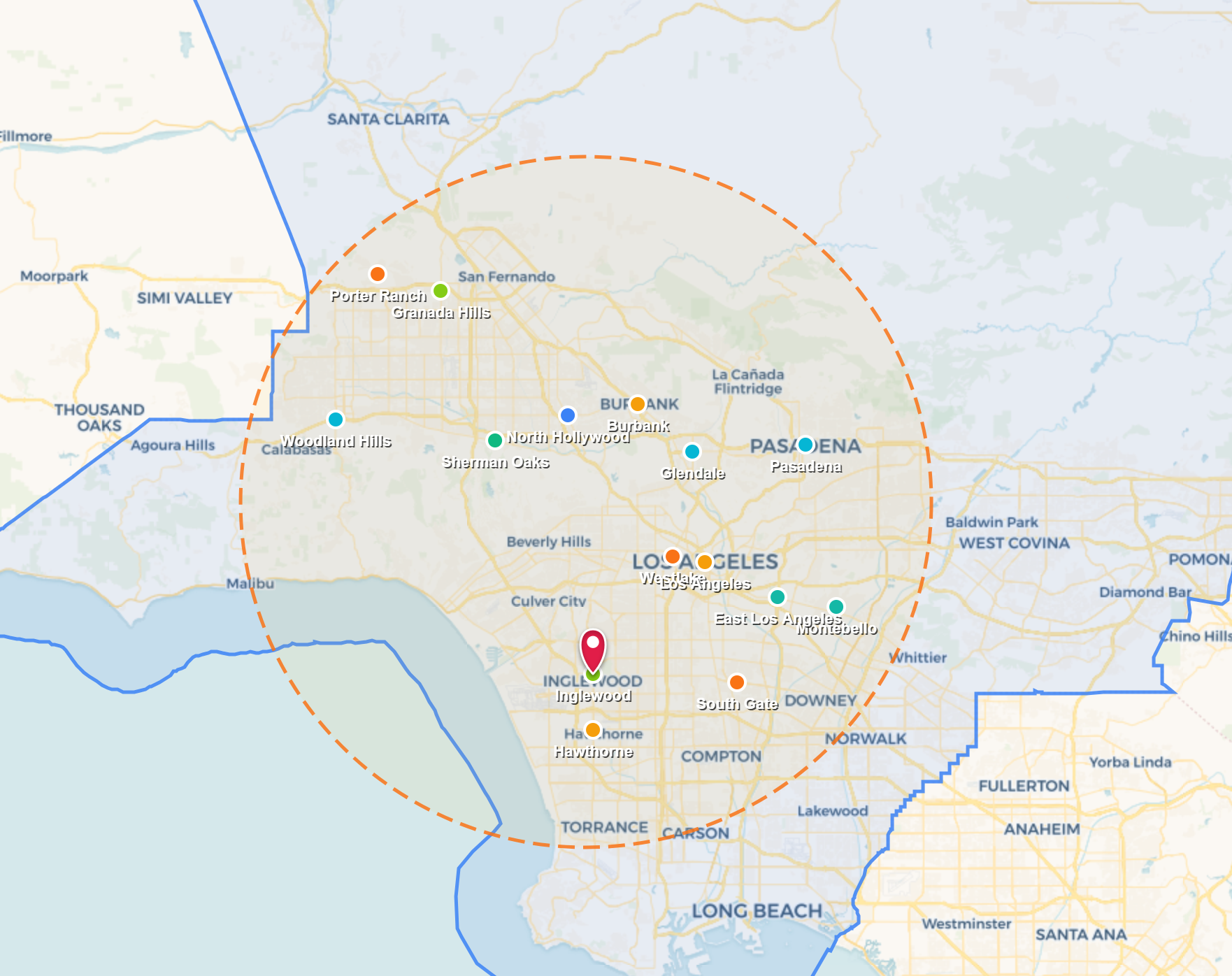 Map of a city with colored boundary outlines and a marked central point on a pale background