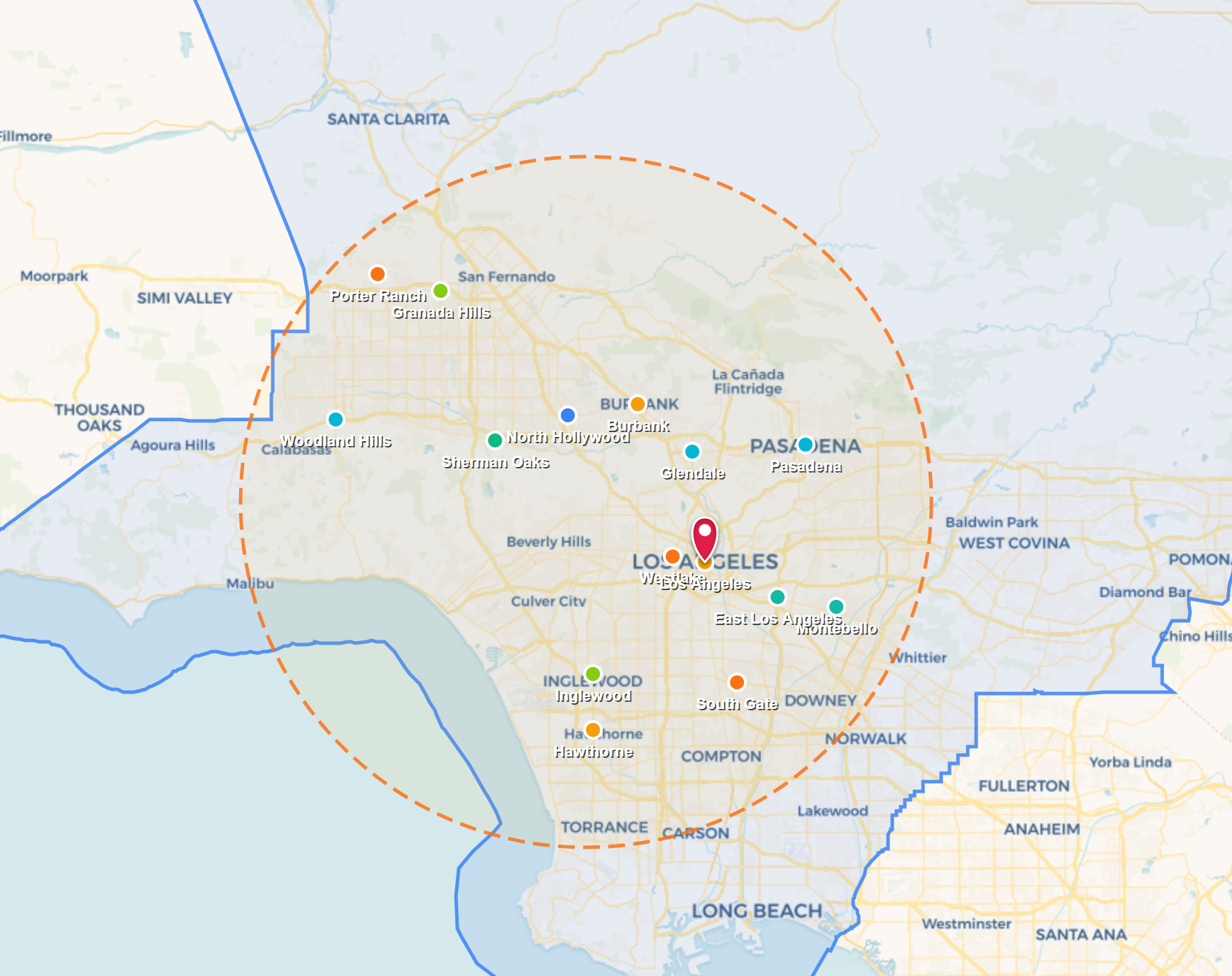Map with blue and green boundary outlines, orange dashed circle, and multiple location pins.