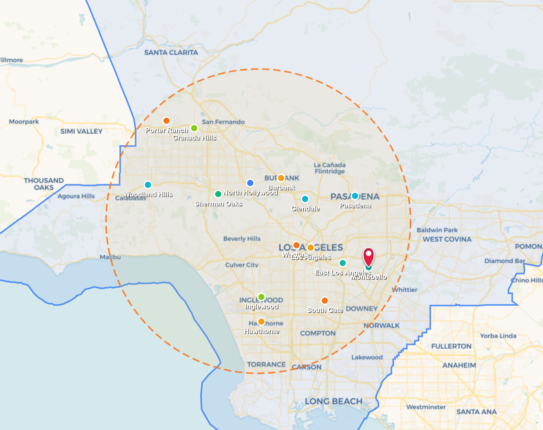 Map with a green and blue boundary, orange dashed circle, and multiple location markers near a city cluster