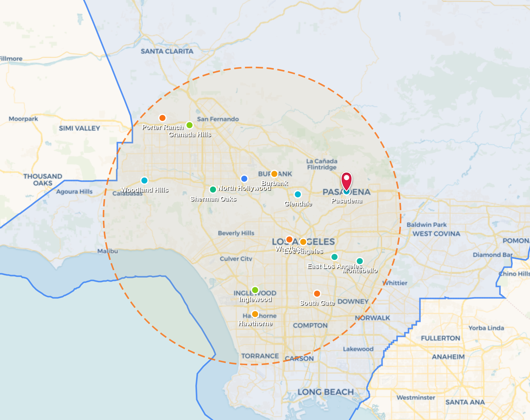 Map showing a large outlined region with multiple location markers and a highlighted circular area.