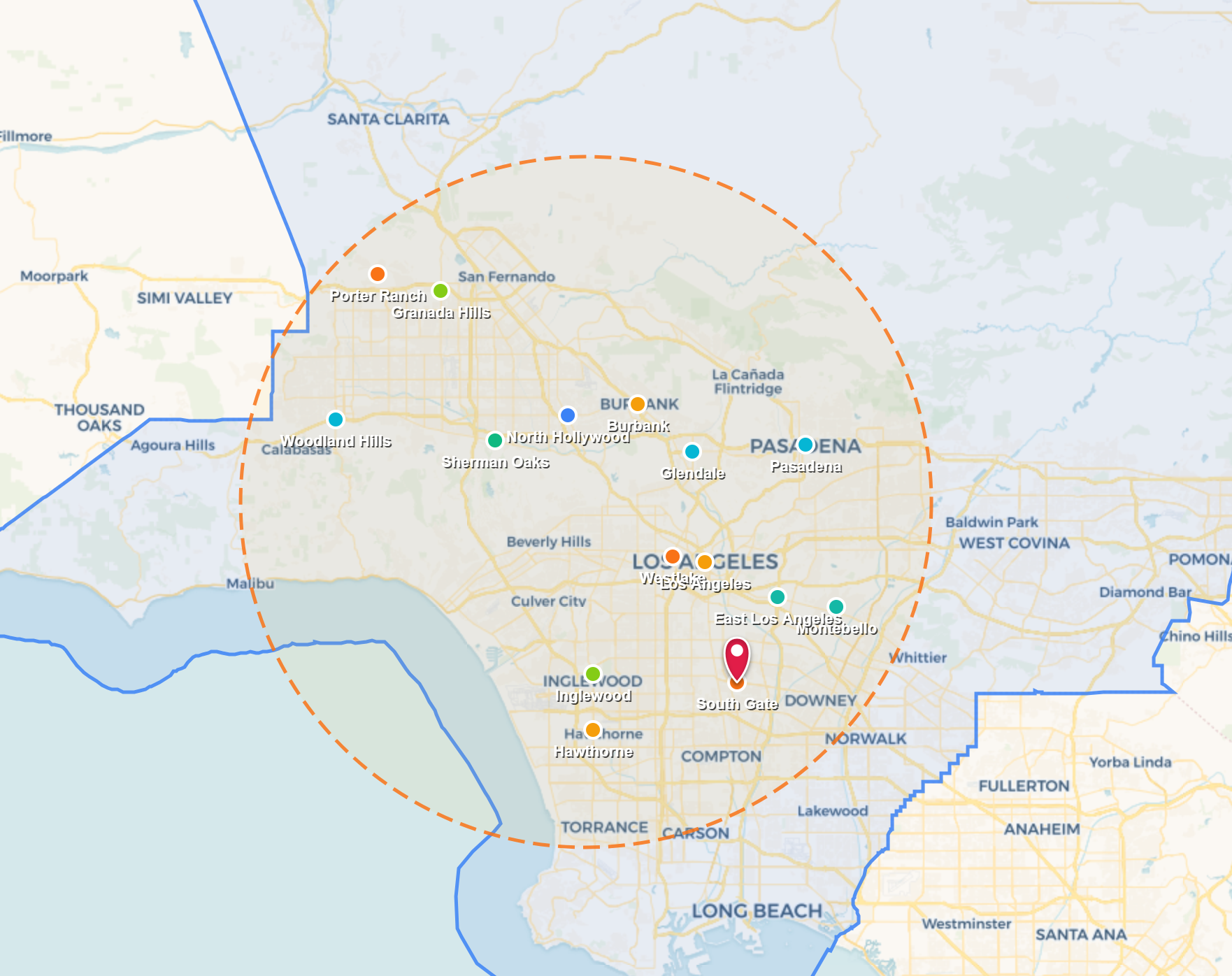 Map showing a red pin, orange dotted radius circle, and green/blue outlined regions over a city map.