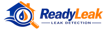 ReadyLeak logo with blue and orange house, water droplet, and magnifying glass; &ldquo;LEAK DETECTION&rdquo; text