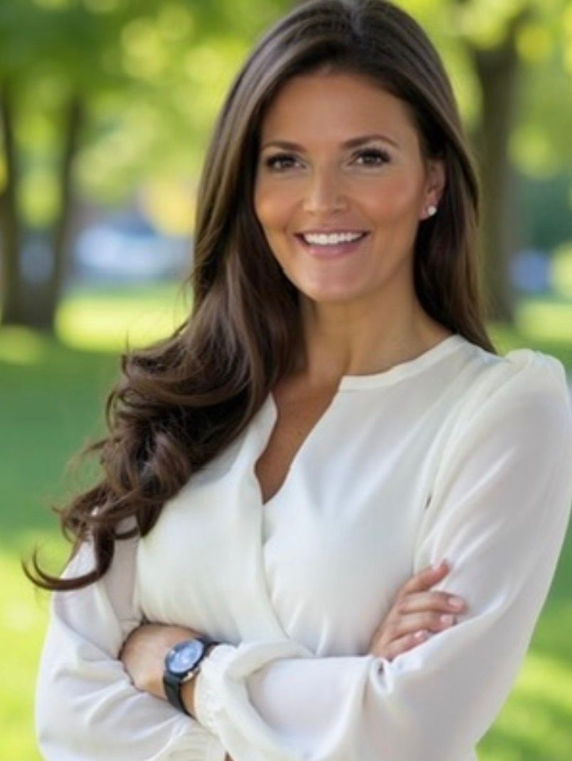 A person with long brown hair smiling with arms crossed, wearing a white blouse outdoors with a blurred green background.