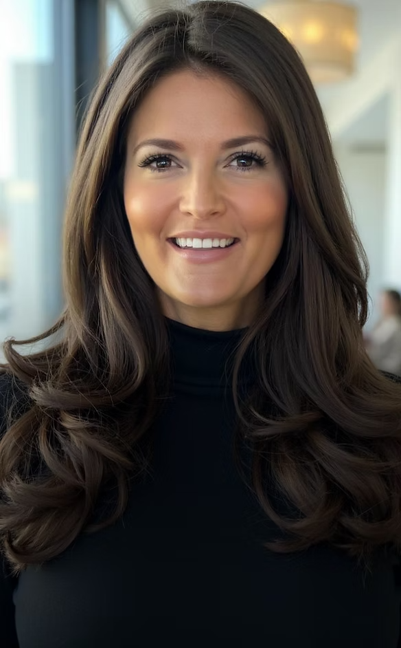 A smiling person with long brown hair wearing a black turtleneck in a brightly lit indoor space.