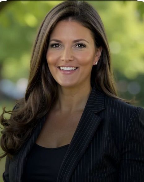 A smiling woman with long brown hair, wearing a black pinstriped blazer, outdoors against a soft-focus green background.