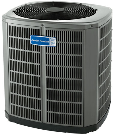 American Standard air conditioning unit. Gray, outdoor appliance with fan.
