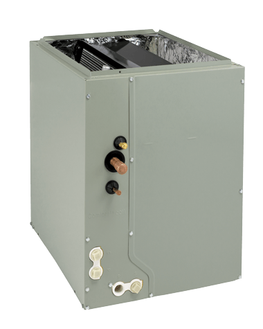 A gray metal air handler unit with copper pipes and various connection points.