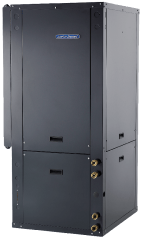 Blue-colored, rectangular water source heat pump, likely for HVAC use. Dark gray cabinet with access panels and copper piping.