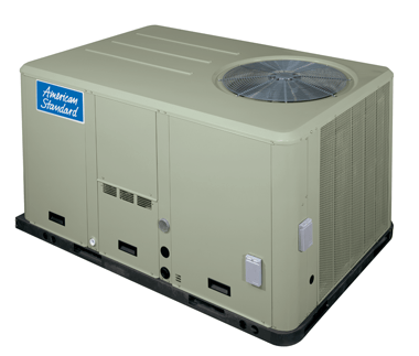 American Standard rooftop HVAC unit, beige, with fan and side panels, on black base.