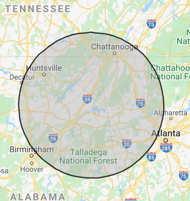 Piano Tuning & Repair map of Serving North Alabama, Northwest Georgia & Southeast Tennessee