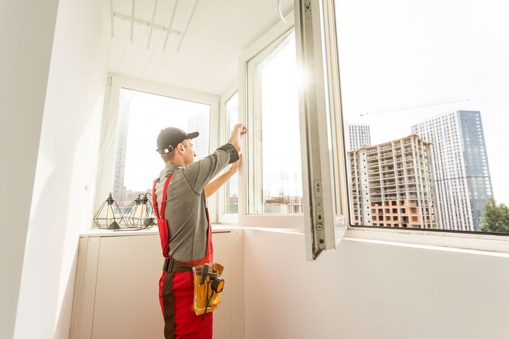 Man in red overalls installing window, sunny day. City buildings visible outside.