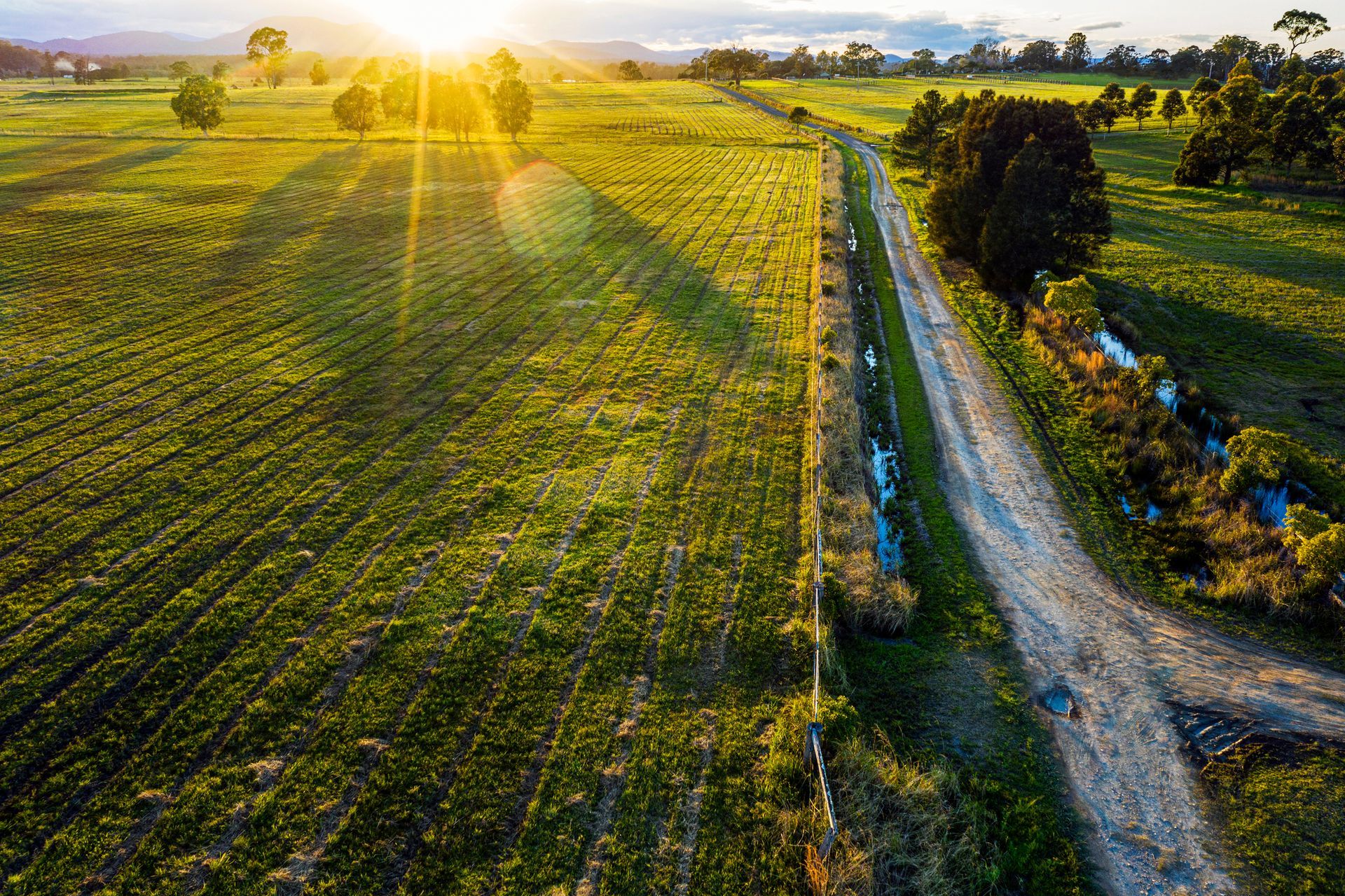 An aerial view of a residential area with a beach in the background.