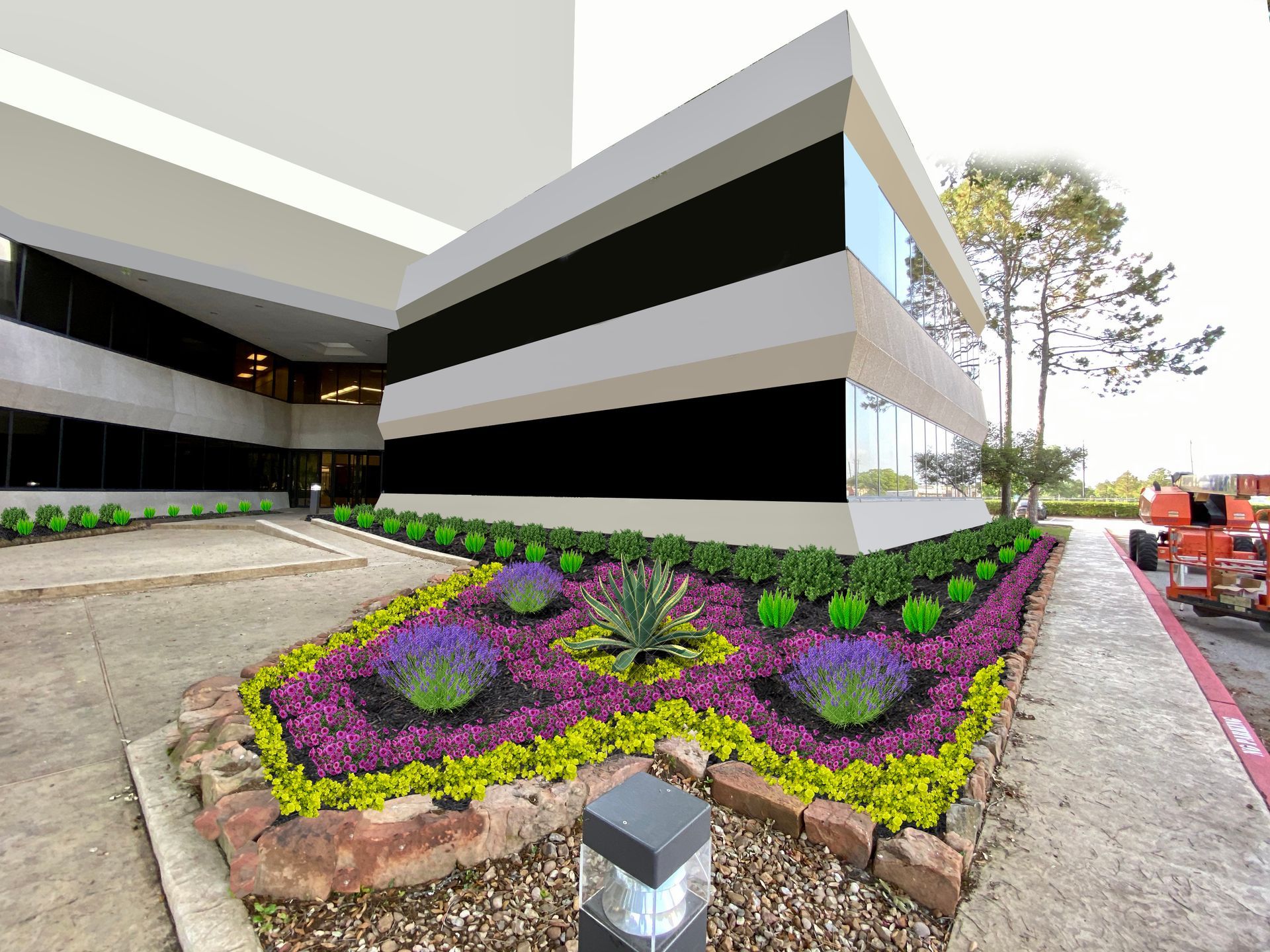 Office building exterior with flower beds and a red sidewalk.